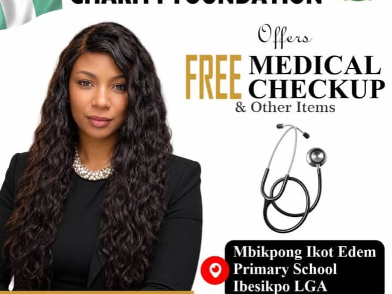 Event flyer for the Emerald Love Charity Foundation free medical checkup and giveaway in Ibesikpo, Akwa Ibom State